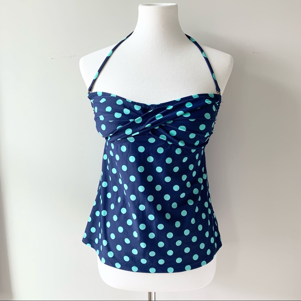 Mossimo Navy and Turquoise Polkadot Bandeau Flyaway Tankini Swim Top Size SP